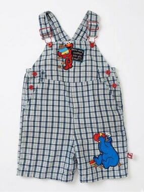 Vintage 90s Y2K Sesame Street Elmo Cookie Monster Plaid Overalls 3T RARE